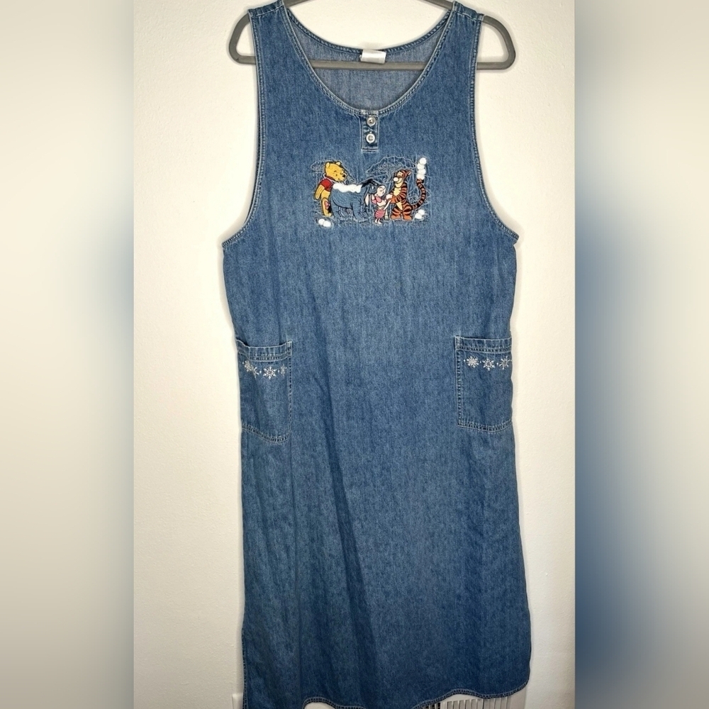 Disney Store Embroidered Winnie The Pooh & Friends Denim Maxi Dress Large